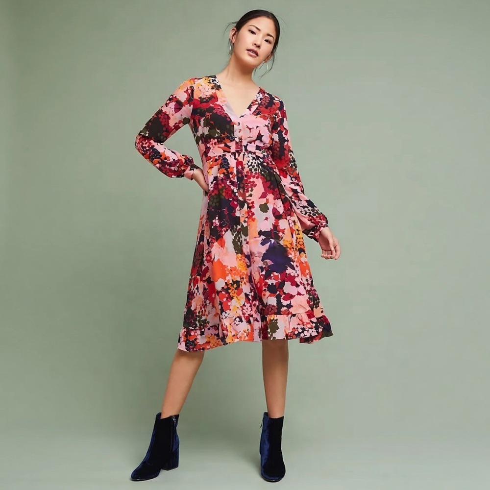 Maeve Floral Midi Dress in Pink, Red, Orange and Navy